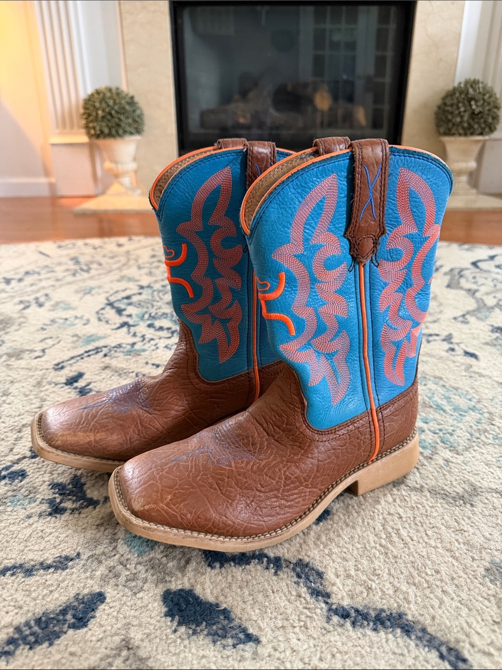 Brown Leather & Turquoise Western Cowboy Boots with orange Accents